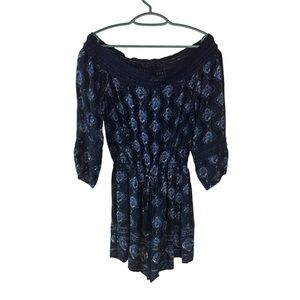 NWT Hollister Navy Blue Floral Off-Shoulder Romper with Crochet Trim Size Medium